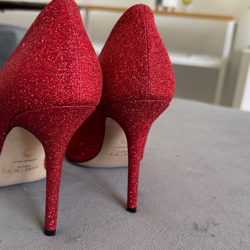Jimmy Choo Red Glitter Pointed-Toe Stiletto Pumps - Picture 3 of 5